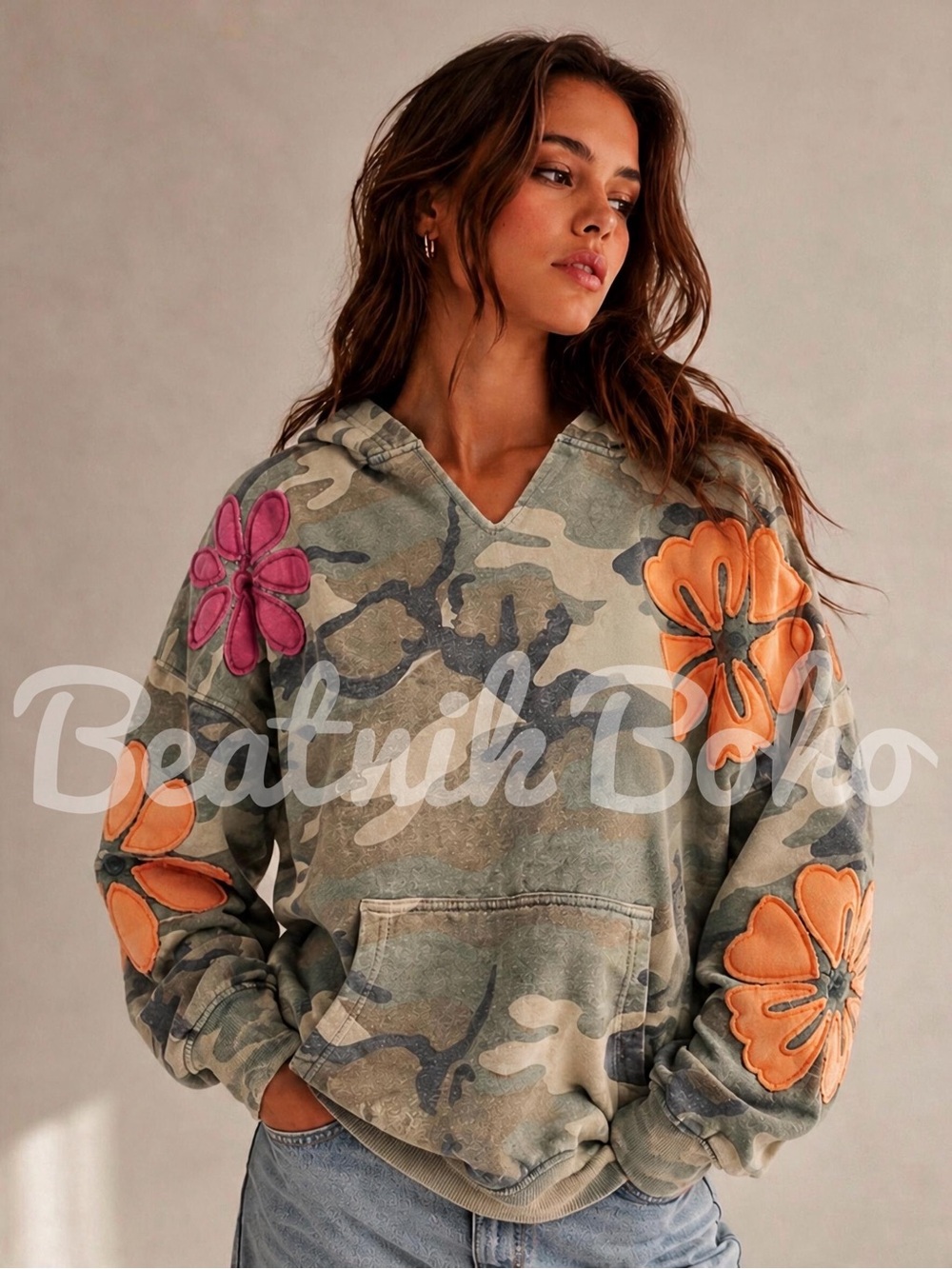 RESTOCK ETA 11/5 Camo Floral Patchwork Hoodie / TikTok Viral Appliqué Pullover - Picture 1 of 9
